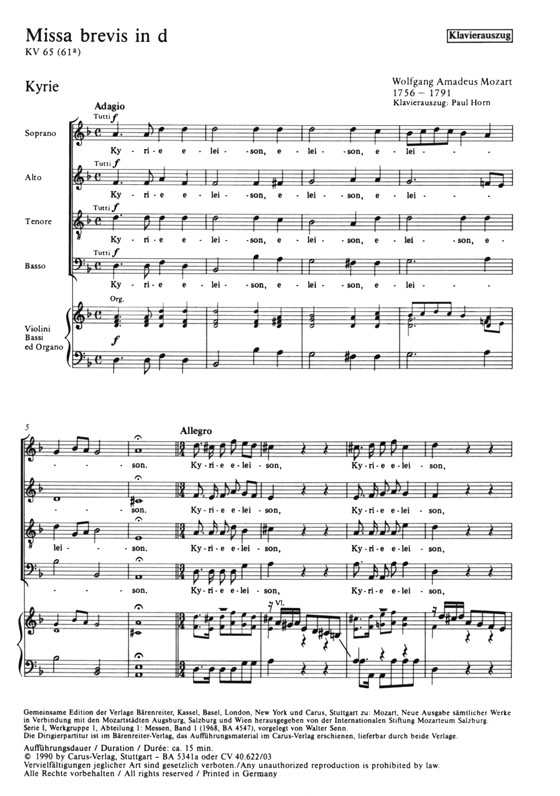 Mozart【Missa brevis in d ,  KV 65(61a)】Klavierauszug , Vocal Score