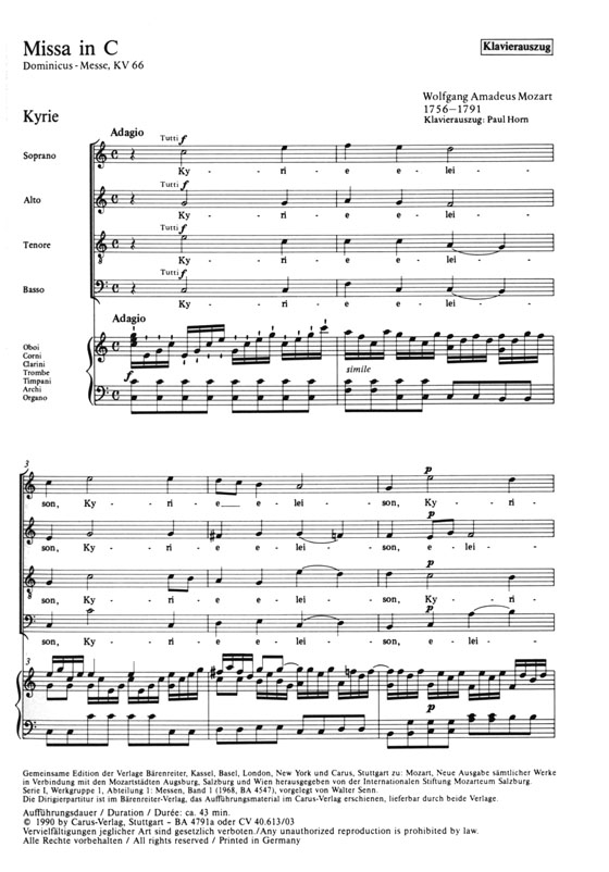 Mozart【Missa in C (Dominicus-Messe) , KV 66】Klavierauszug , Vocal Score