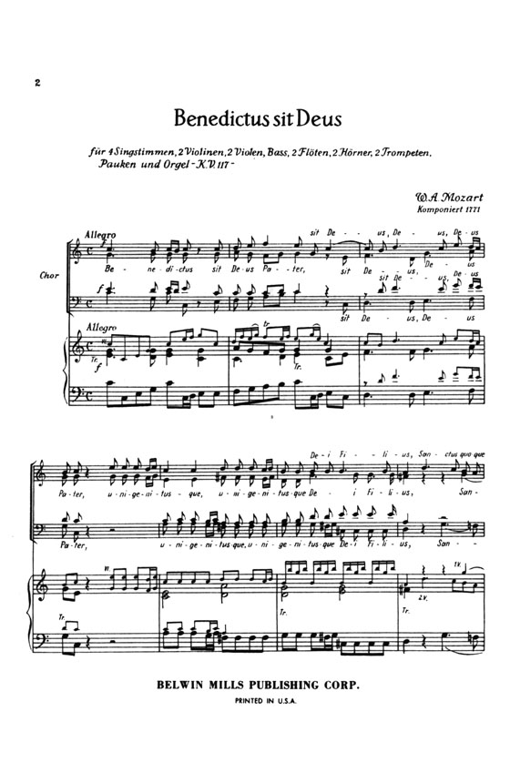 Mozart【Benedictus sit Deus , K. 177】for Soprano Solo, Chorus and Orchestra with Latin text , Choral Score