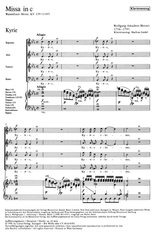 Mozart【Missa in C (Waisenhaus-Messe) , KV 139(114a)】Klavierauszug , Vocal Score