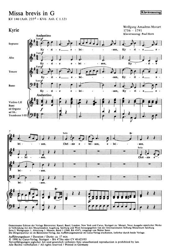 Mozart【Missa brevis in G , KV 140(Anh.235d)】Klavierauszug , Vocal Score