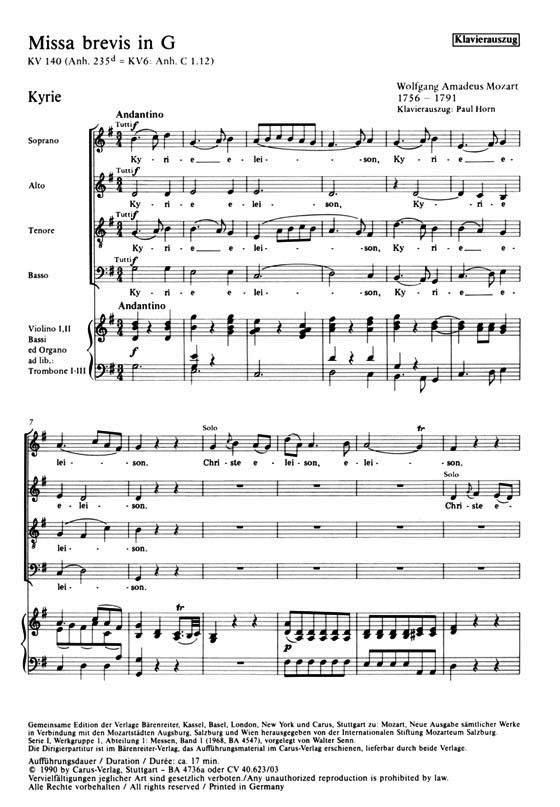Mozart【Missa brevis in G , KV 140(Anh.235d)】Klavierauszug , Vocal Score Mozart【Missa brevis in G , KV 140(Anh.235d)】Klavierauszug , Vocal Score