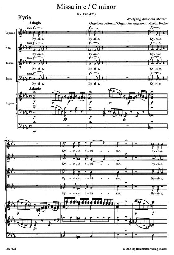 Mozart【Missa in C -Waisenhausmesse , KV 139(47a)】Bearbeitet für Soli, Chor und Orgel , Partitur／Score