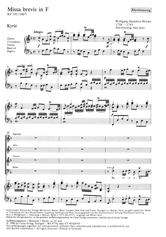 Mozart【Missa brevis in F , KV 192(186f)】Klavierauszug , Vocal Score