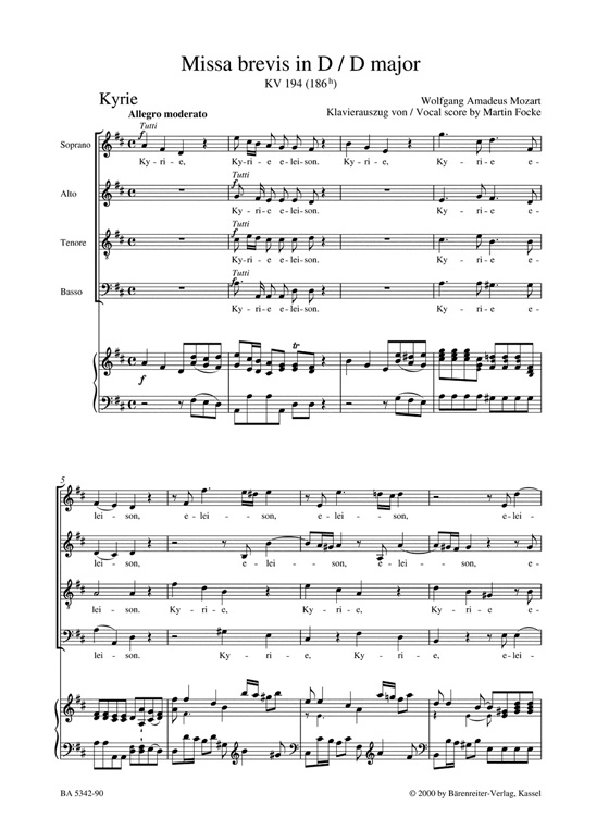 Mozart【Missa brevis in D , KV 194(186h)】Klavierauszug , Vocal Score