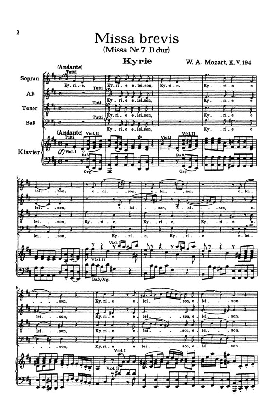 Mozart【Missa Brevis in D Major (K. 194)】for Soli, Chorus and Orchestra , Choral Score