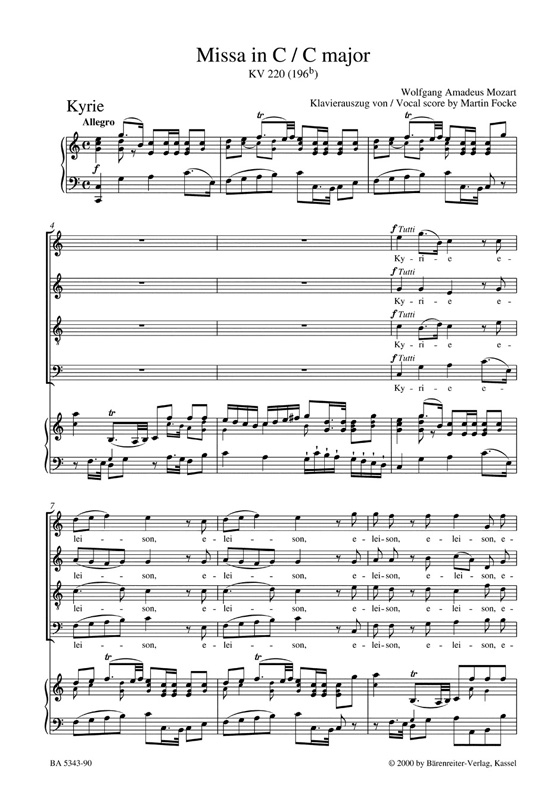 Mozart【Missa in C-Spatzenmesse , KV 220(196b)】Klavierauszug , Vocal Score Mozart【Missa in C-Spatzenmesse , KV 220(196b)】Klavierauszug , Vocal Score