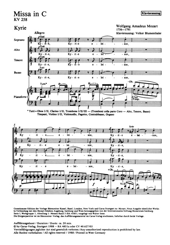 Mozart【Missa in C , KV 258】Klavierauszug , Vocal Score