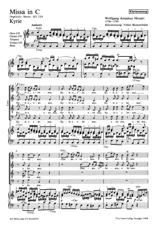 Mozart【Missa in C－Orgelsolo-Messe , KV 259】Klavierauszug , Vocal Score