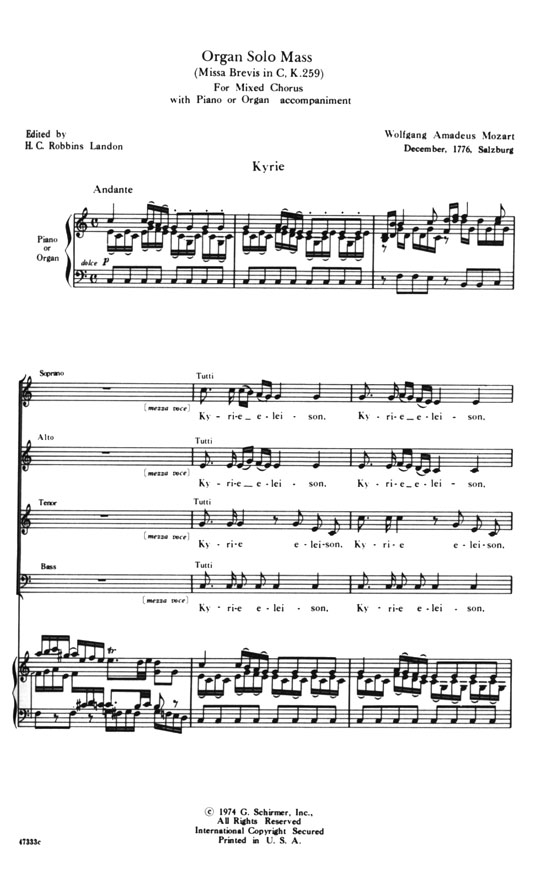 Mozart【Organ Solo Mass－Missa Brevis in C , K. 259】Mixed Chorus with Piano or Organ Accompaniment