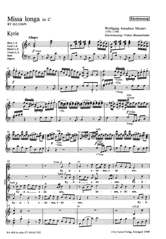 Mozart【Missa longa in C , KV 262(246a)】Klavierauszug , Vocal Score
