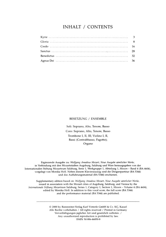 Mozart【Missa in B , KV 275(272b)】Klavierauszug , Vocal Score Mozart【Missa in B , KV 275(272b)】Klavierauszug , Vocal Score