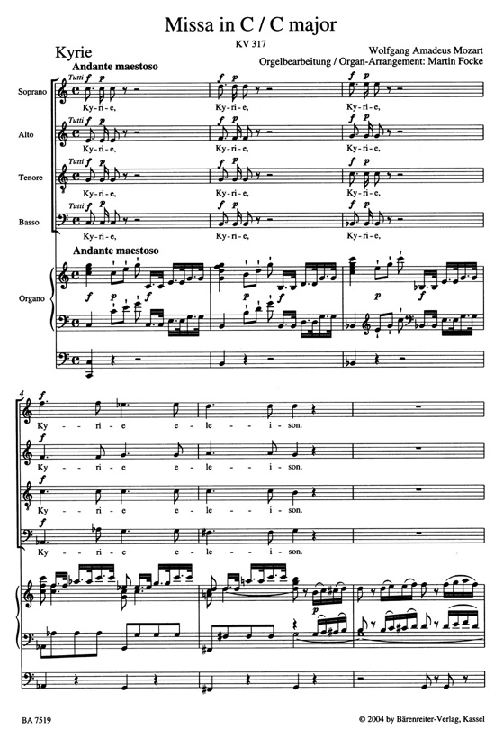 Mozart【Missa in C－Krönungsmesse , KV 317】Bearbeitet für Soli, Chor und Orgel , Partitur／Score