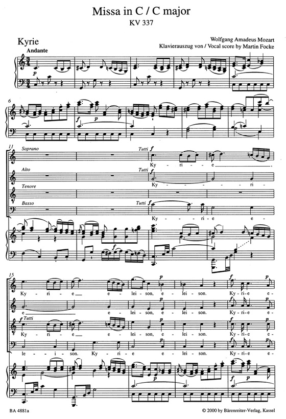 Mozart【Missa in C－Missa solemnis , KV 337】Klavierauszug , Vocal Score
