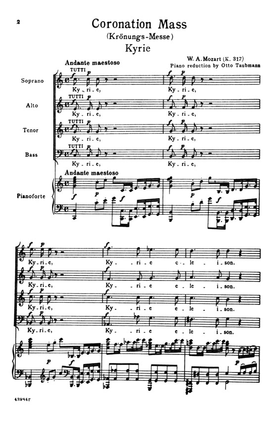 Mozart【Coronation Mass , K. 317 ,Krönungs-messe】for Four-Part Chorus of Mixed Voices with Soprano, Alto, Tenor and Bass Soli Mozart【Coronation Mass , K. 317 ,Krönungs-messe】for Four-Part Chorus of Mixed Voices with Soprano, Alto, Tenor and Bass Soli