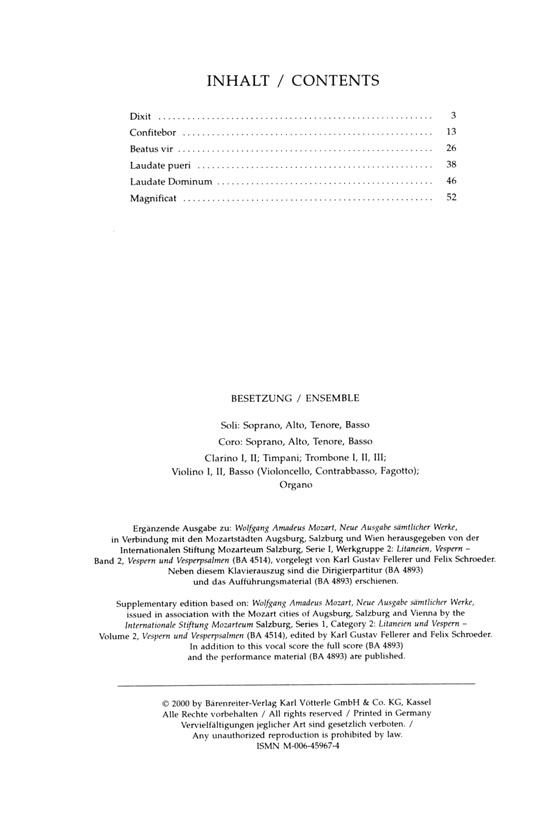 Mozart【Vesperae solennes de Dominica , KV 321】Klavierauszug , Vocal Score