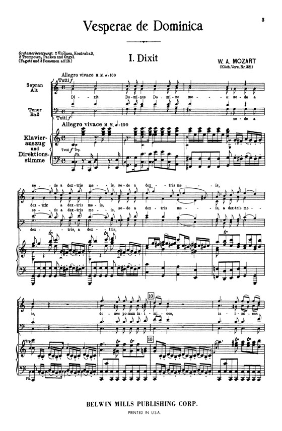 Mozart【Vesperae de Dominica , K. 321】for Soli, Chorus, Orchestra and Organ with Latin text , Choral Score