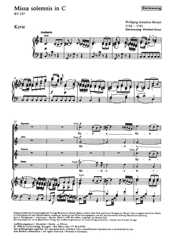 Mozart【Missa solemnis in C , KV 337】Klavierauszug , Vocal Score