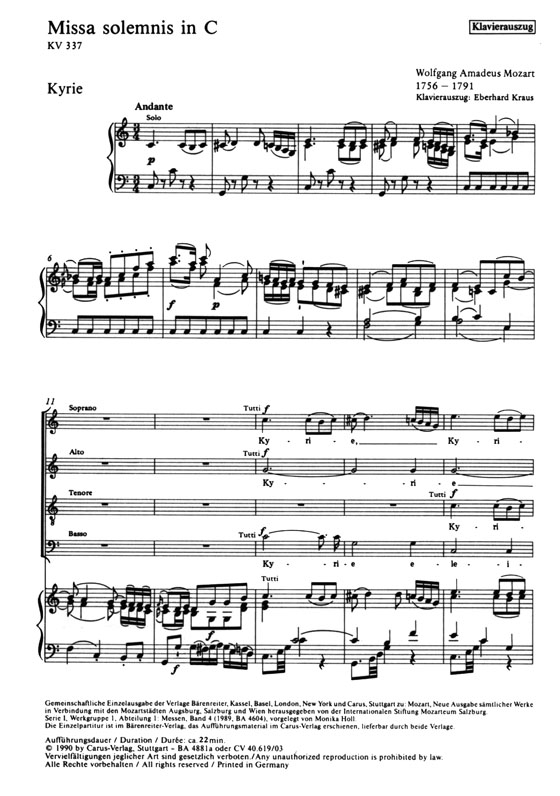 Mozart【Missa solemnis in C , KV 337】Klavierauszug , Vocal Score Mozart【Missa solemnis in C , KV 337】Klavierauszug , Vocal Score