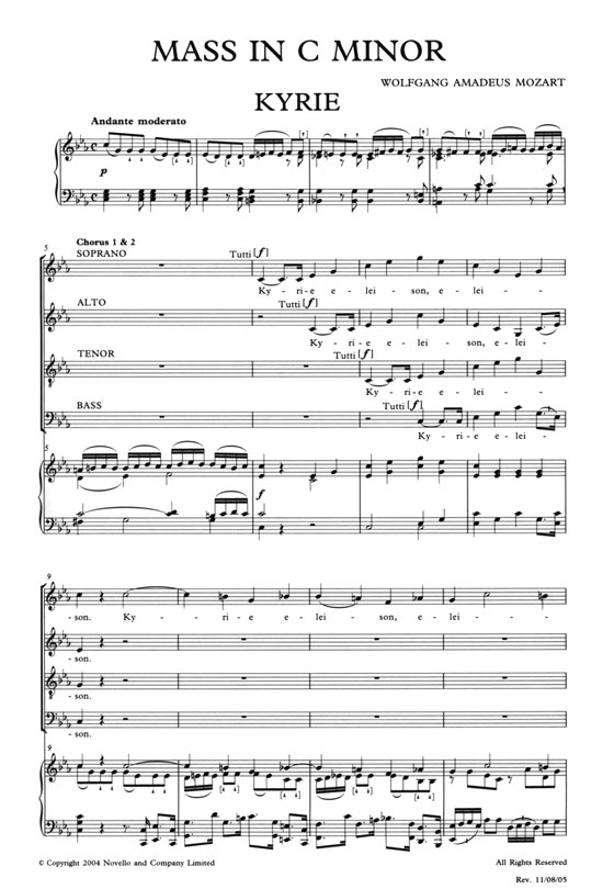 Mozart【 Mass In C Minor , K. 427／417a】for Two soprano, tenor and bass soloists, double SATB chorus and orchestra