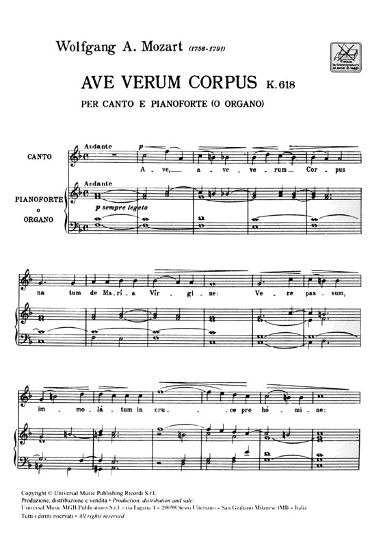 Mozart【Ave verum corpus , K. 618】Per canto e pianoforte (o organo)
