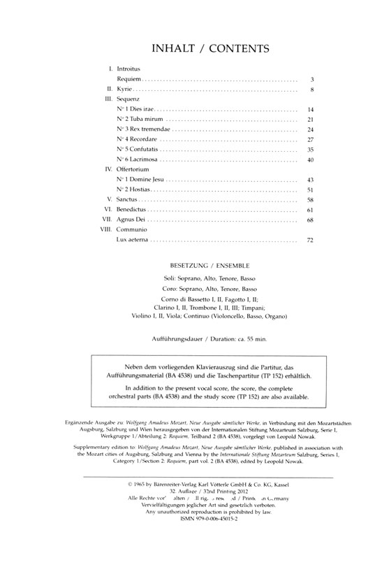 Mozart【Requiem , KV 626】Klavierauszug , Vocal Score Mozart【Requiem , KV 626】Klavierauszug , Vocal Score