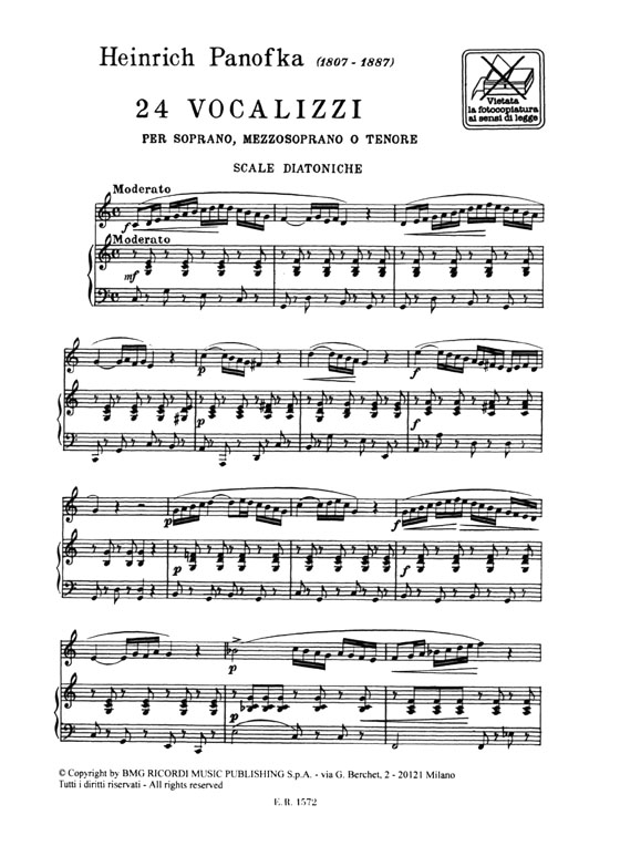 Panofka【24 Vocalizzi】per Soprano, Mezzosoprano O Tenore con Accompagnamento di Pianoforte