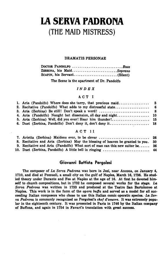 Pergolesi【La Serva Padrona (The Maid Mistress) An Intermezzo in Two Acts】for Soprano and Bass Soli and Orchestra with English Text , Vocal Score