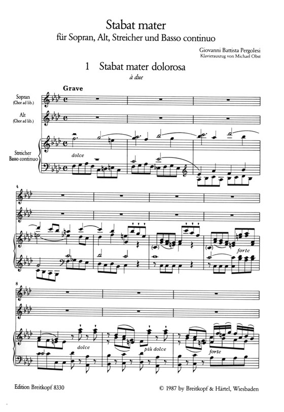 Pergolesi【Stabat Mater】für Sopran, Alt, Streicher und Basso continuo , Klavierauszug