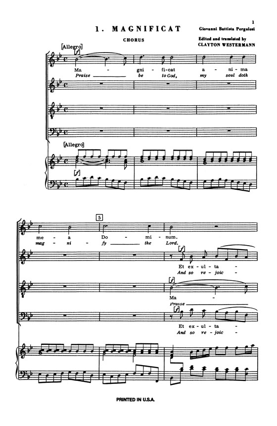 Pergolesi【Magnificat】for Soli, Chorus and Orchestra with Latin and English text , Choral Score