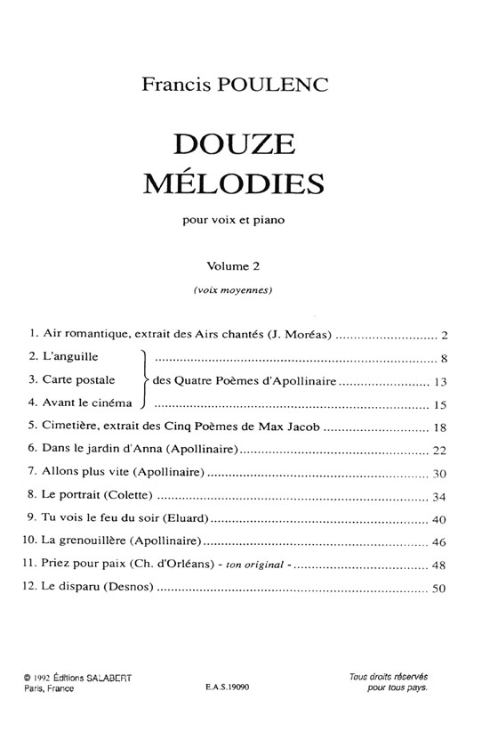 Poulenc【Douze melodies , Volume 2】pour voix moyenne & piano