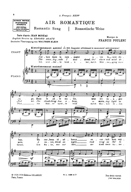 Poulenc【Douze melodies , Volume 2】pour voix moyenne & piano