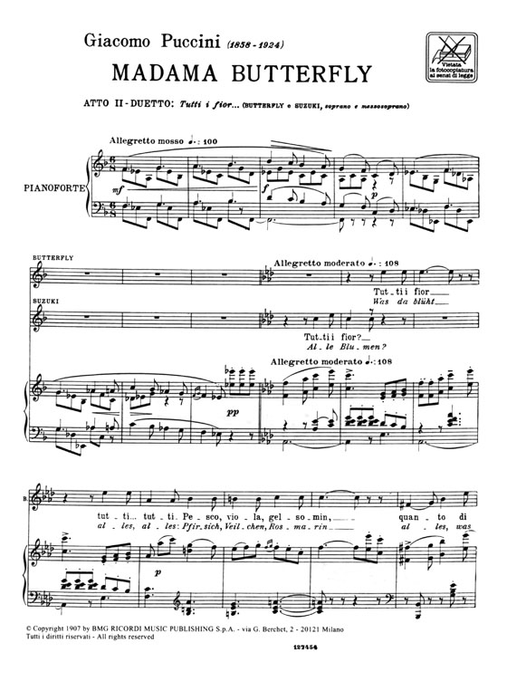 Puccini【Tutti i fiori (duetto dall'opera Madama Butterfly)】Soprano e Mezzosoprano , Canto e Pianoforte