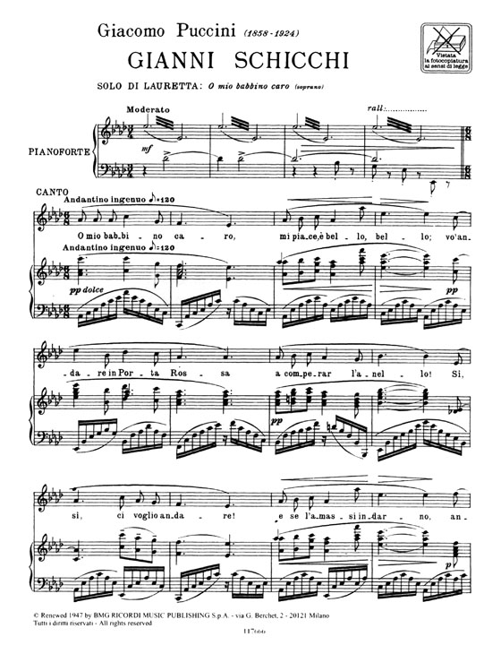 Puccini【O mio babbino caro (dall'opera Gianni Schicchi)】Soprano , Canto e pianoforte