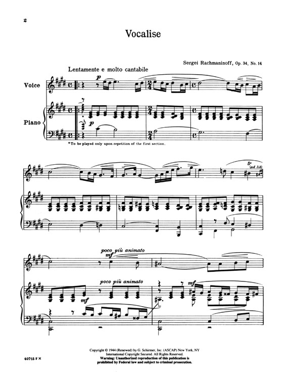 Rachmaninoff【Vocalise , Op. 34, No. 14】for High Voice and Piano