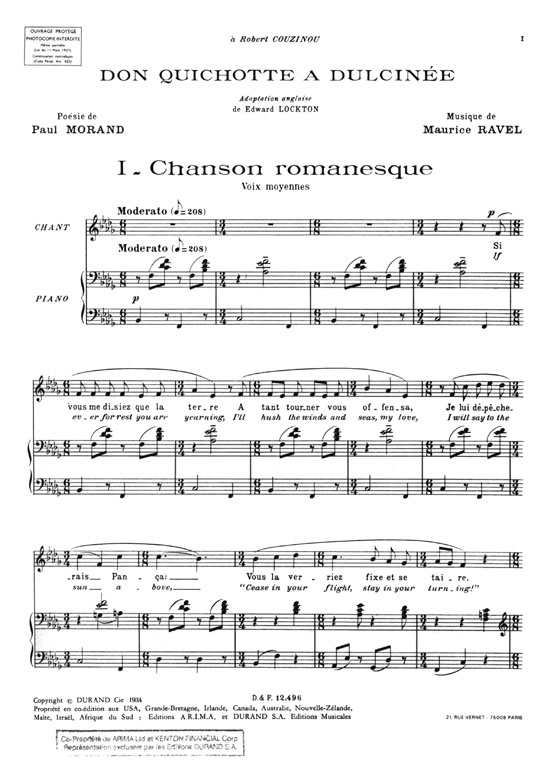 Maurice Ravel【Chanson Romanesque(from Don Quichotte à Dulcinée)】pour voix moyennes et piano