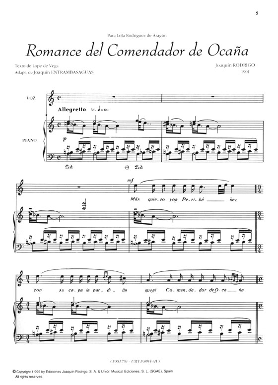 Joaquin Rodrigo【Romance Del Comendador De Ocana (1947)】Soprano y Orquesta , Reduccion Para Voz y Piano