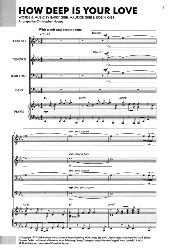 【How Deep Is Your Love】TTBB/Piano 【How Deep Is Your Love】TTBB/Piano