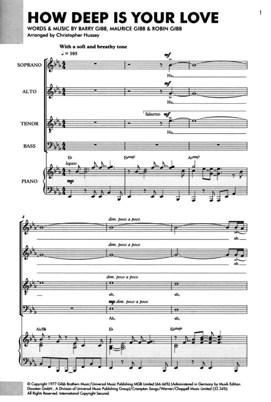 【How Deep Is Your Love】SATB／Piano