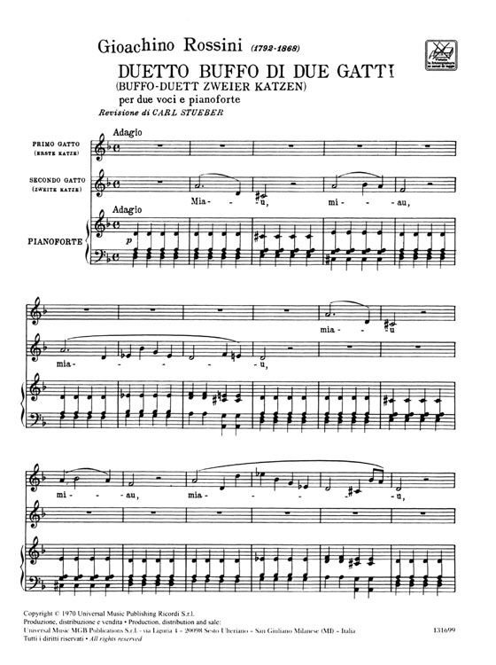 Rossini【Duetto buffo di due gatti】per due voci e pianoforte , Canto e pianoforte