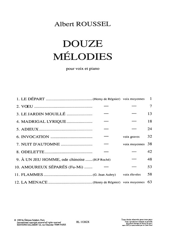 Roussel【Douze melodies】francais／english pour voix et piano