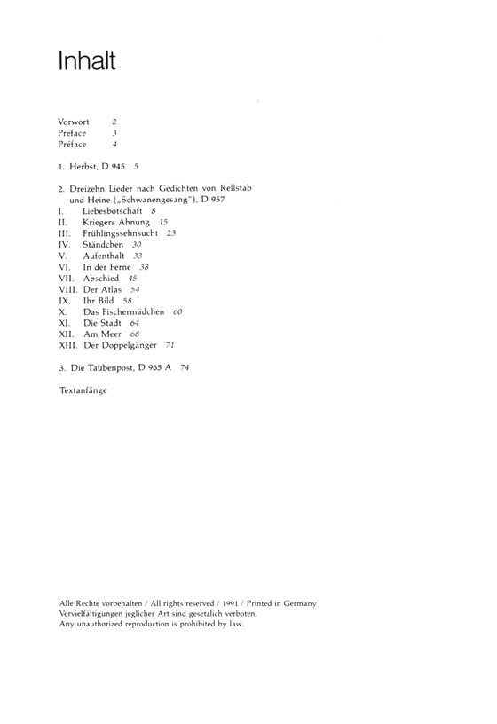 Schubert Lieder 9【Schwanengesang】Hoch Schubert Lieder 9【Schwanengesang】Hoch