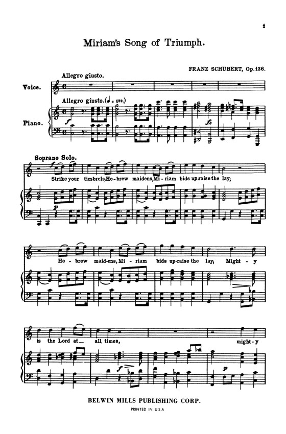 Schubert【Miriam's Song of Triumph , Opus 136】for Soprano, Chorus and Orchestra with English text , Choral Score