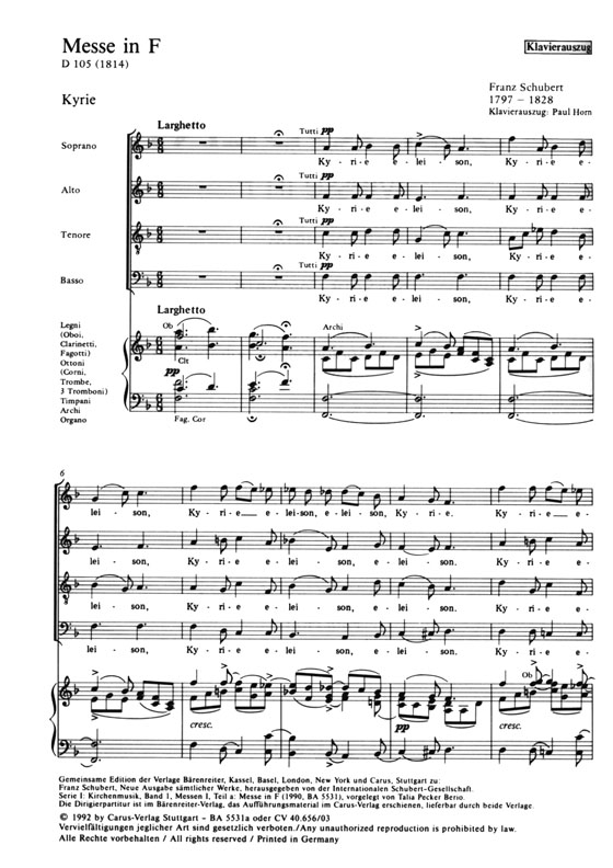 Schubert【Messe in F , D105 (1814)】Klavierauszug , Vocal Score