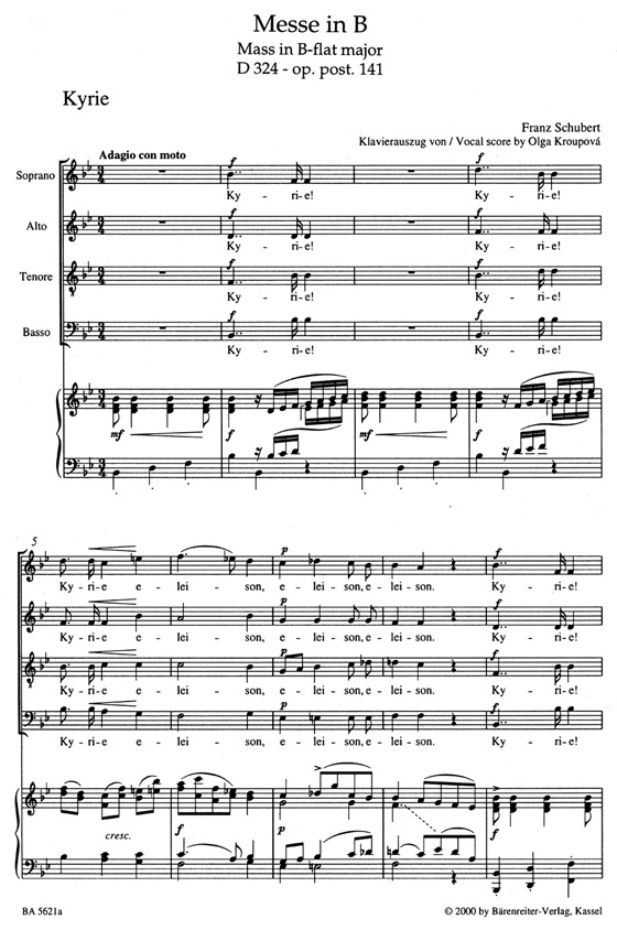 Schubert【Messe in B , D324-op.post. 141】Klavierauszug , Vocal Score