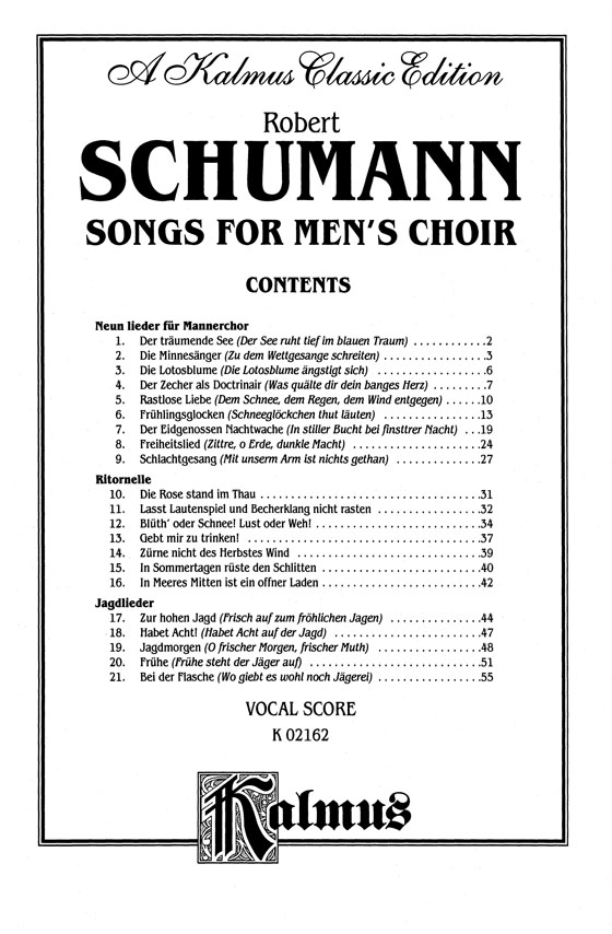 Schumann【Songs For Men's Choir】Vocal Score Schumann【Songs For Men's Choir】Vocal Score