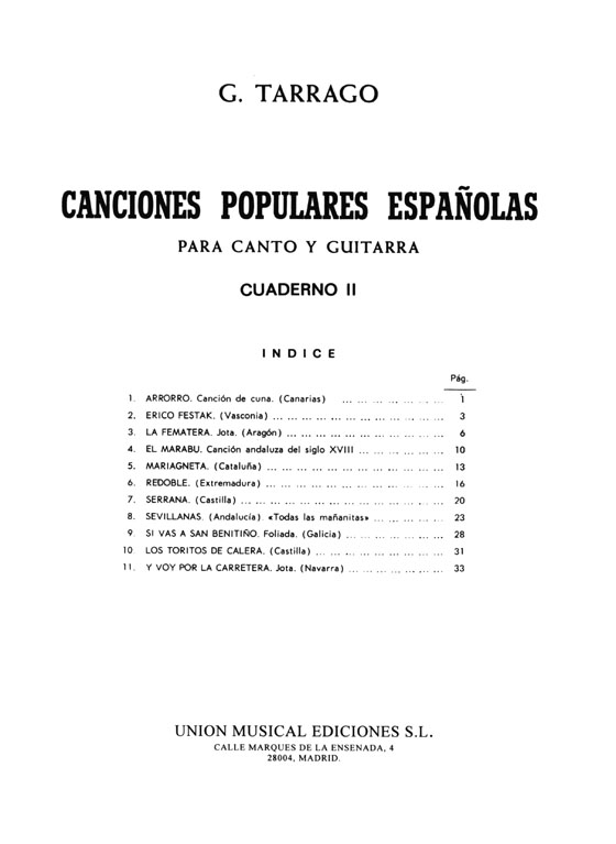 G. Tarrago【Canciones Populares Espanolas , Cuaderno Ⅱ】Para Canto Y Guitarra