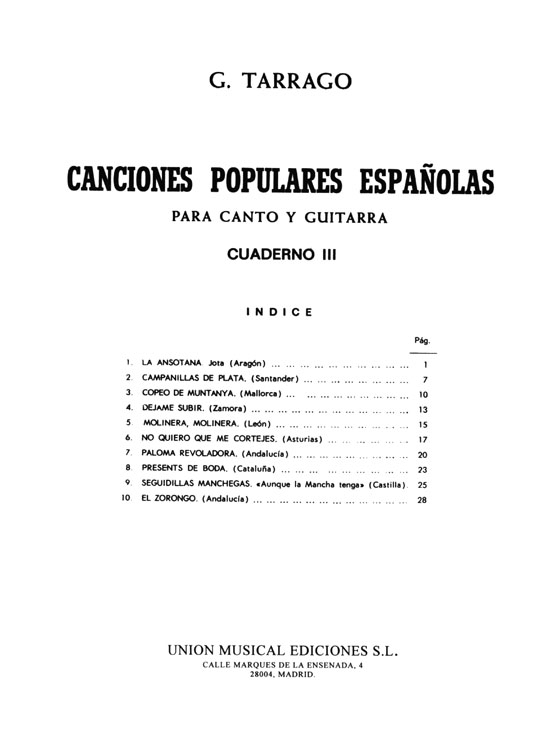 G. Tarrago【Canciones Populares Espanolas , Cuaderno Ⅲ】Para Canto Y Guitarra