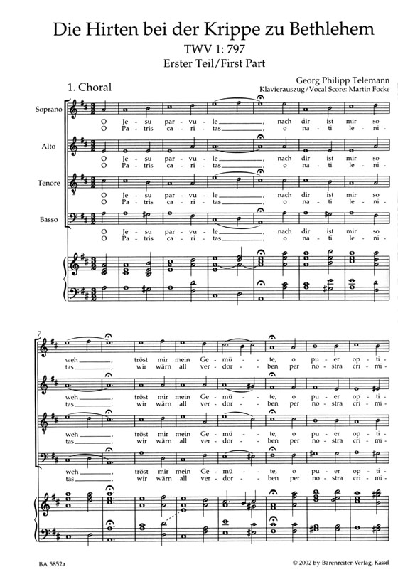 Telemann【Die Hirten bei der Krippe zu Bethlehem , TWV 1 : 797】Klavierauszug , Vocal Score