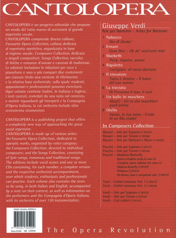 Cantolopera : Verdi【CD+樂譜】Arie per Baritono/Arias for Baritone Cantolopera : Verdi【CD+樂譜】Arie per Baritono/Arias for Baritone
